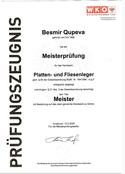 BESMIR QUPEVA - Fliesenlegermeister - Zertifikat