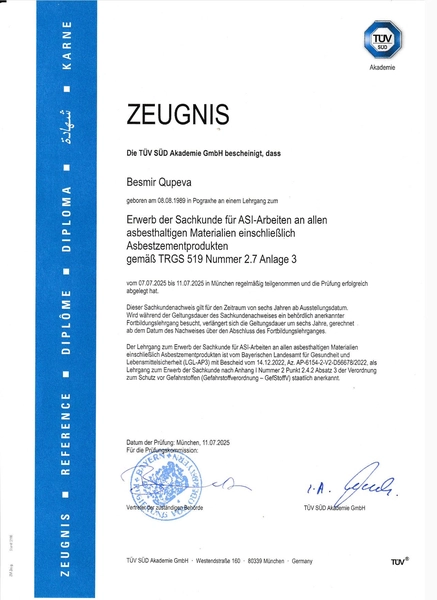 BESMIR QUPEVA - Fliesenlegermeister - Zertifikat