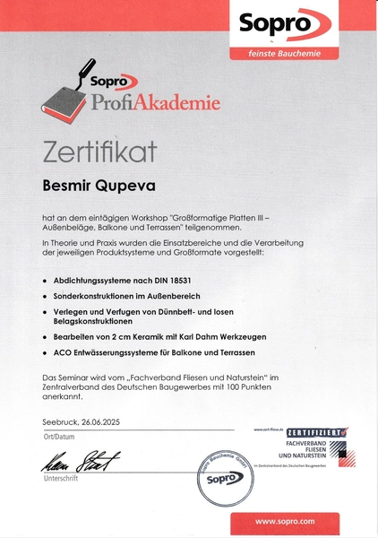 BESMIR QUPEVA - Fliesenlegermeister - Zertifikat