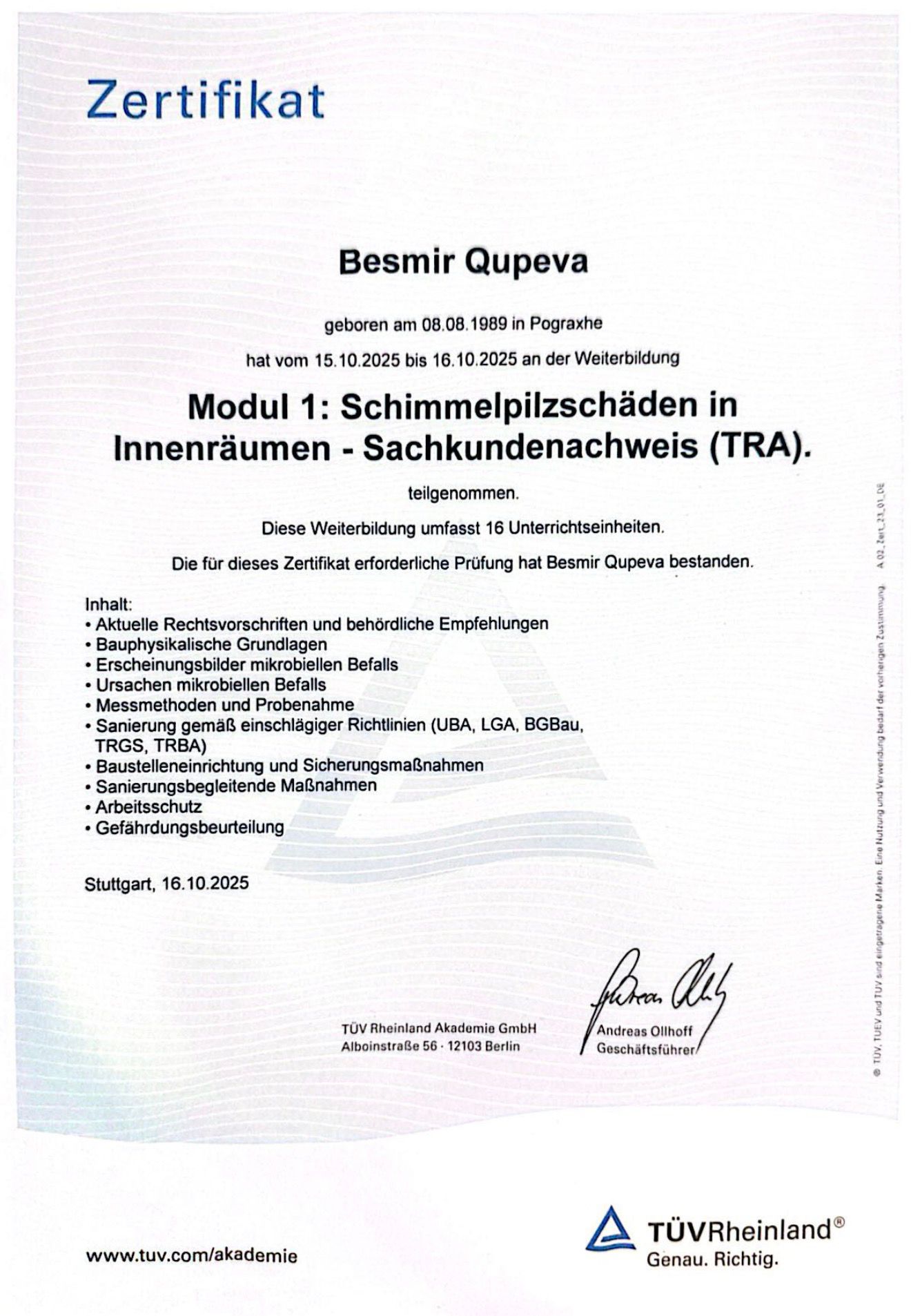 BESMIR QUPEVA - Fliesenlegermeister - Zertifikat